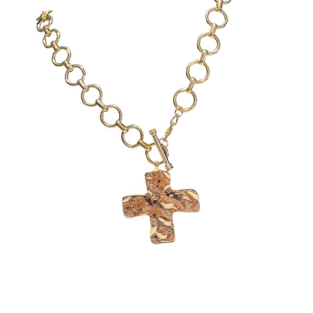 Gold-Tone Textured Cross Pendant Necklace - Women Jewelry New